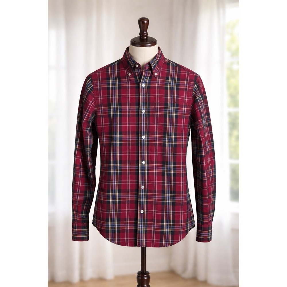 Club Monaco Mens Size XS Button Down Shirt‎ Slim Chest Pocket Deep Red Plaid